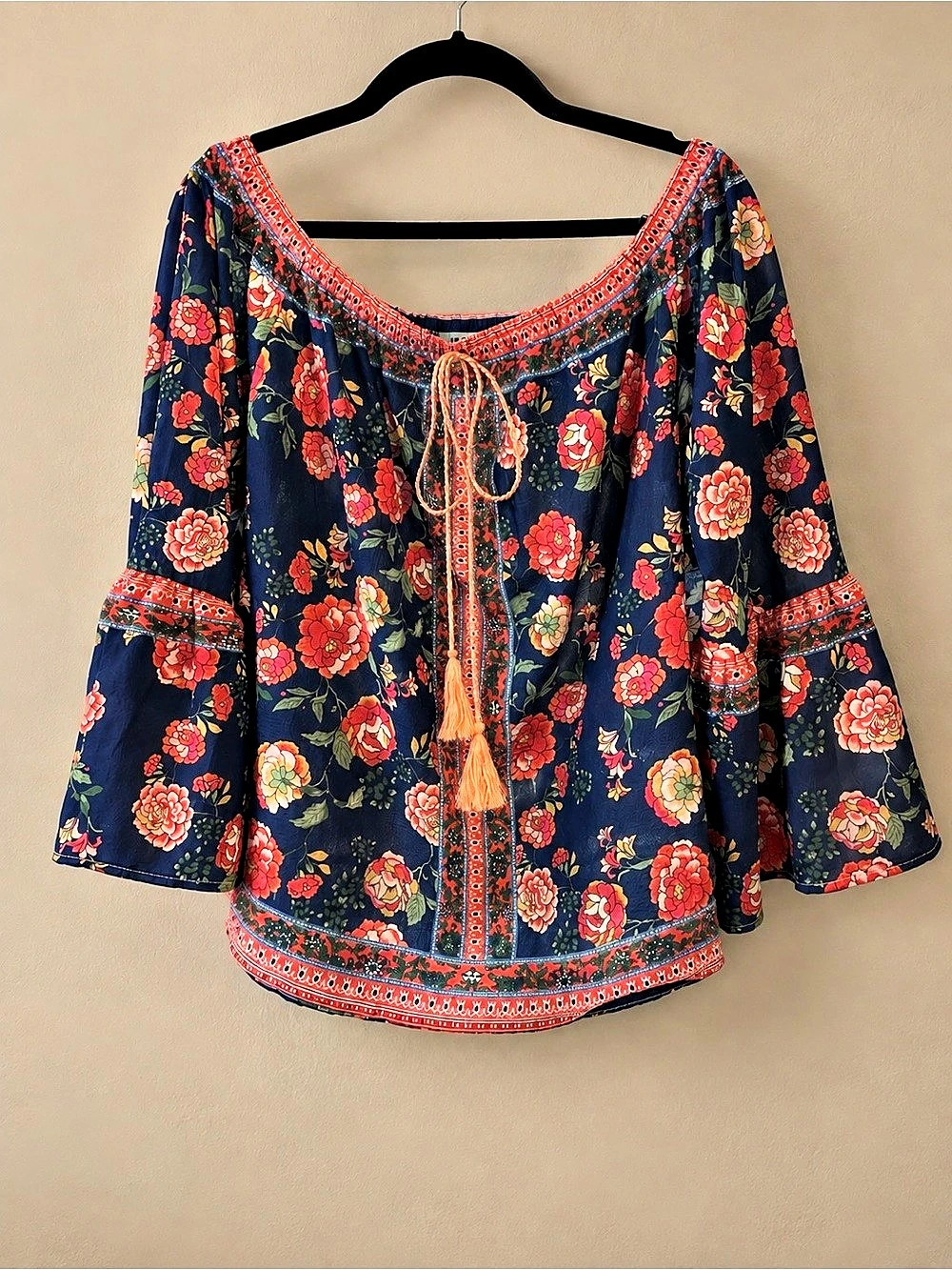 Umgee Off The Shoulder Floral Print Top Blue & Red Size Large